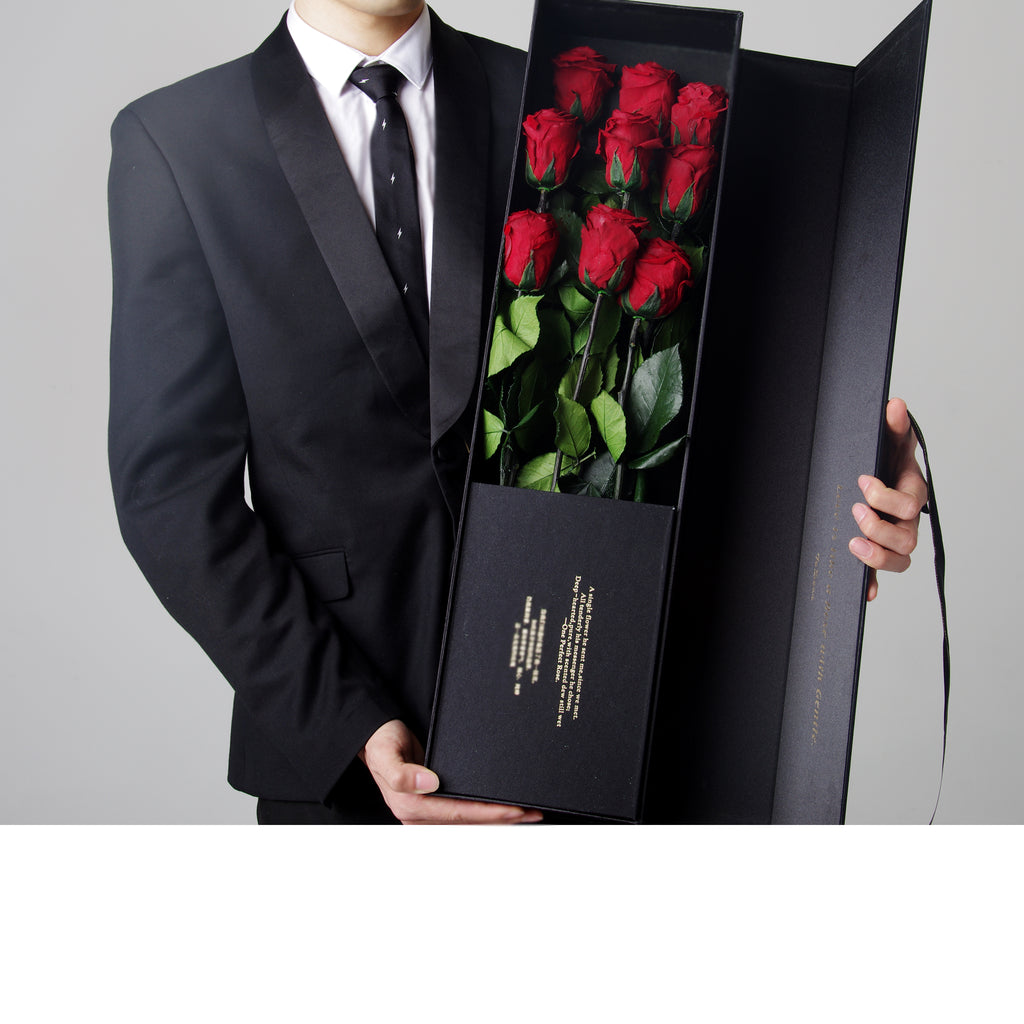 9 Long Stem Roses | Luxury Black Silk Bouquet | Red preserved roses - Blossoming Love