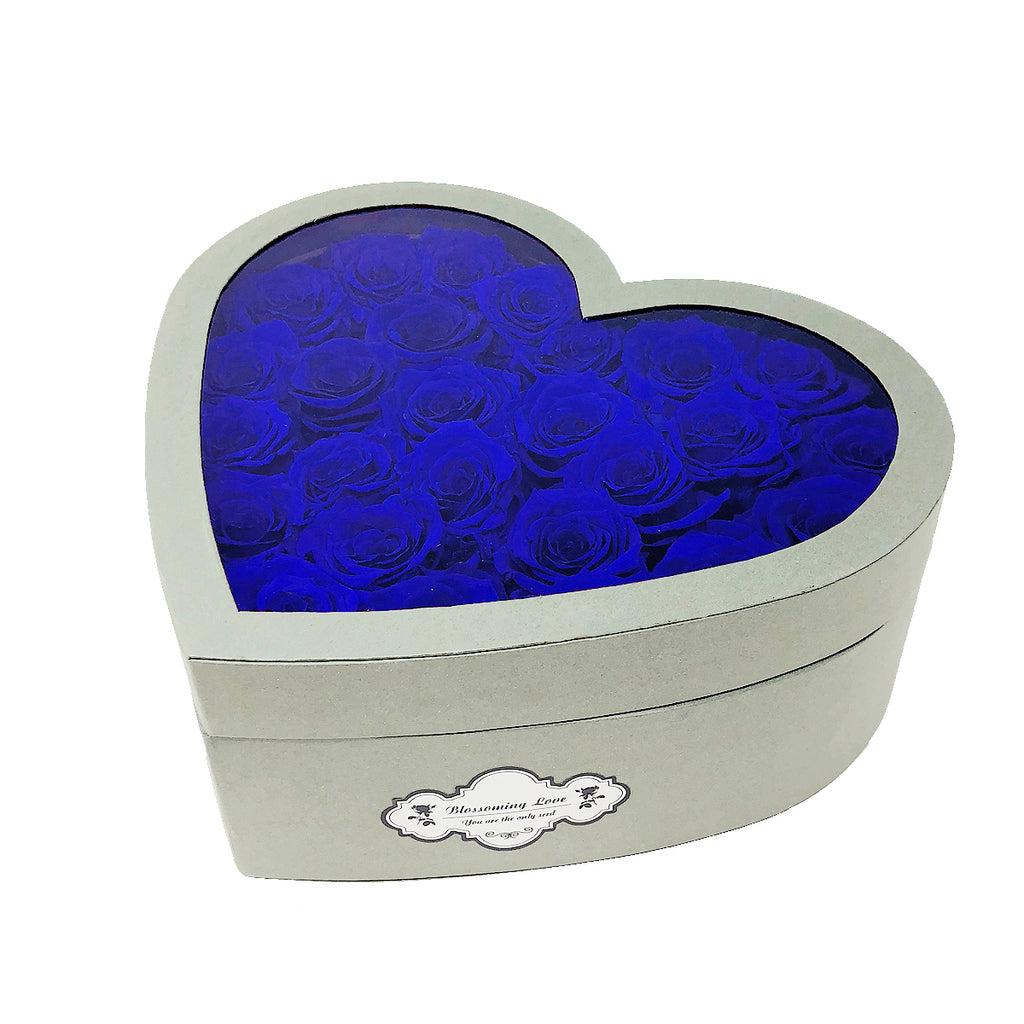 Love box | See-through heart shaped | Blue preserved roses - Blossoming Love