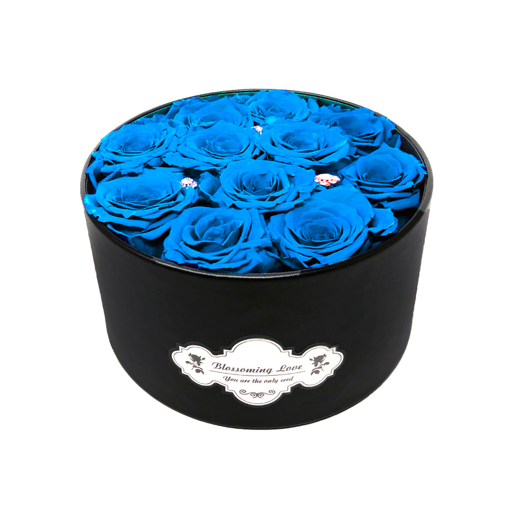 Small round leather box |  Tiffany blue preserved roses - Blossoming Love