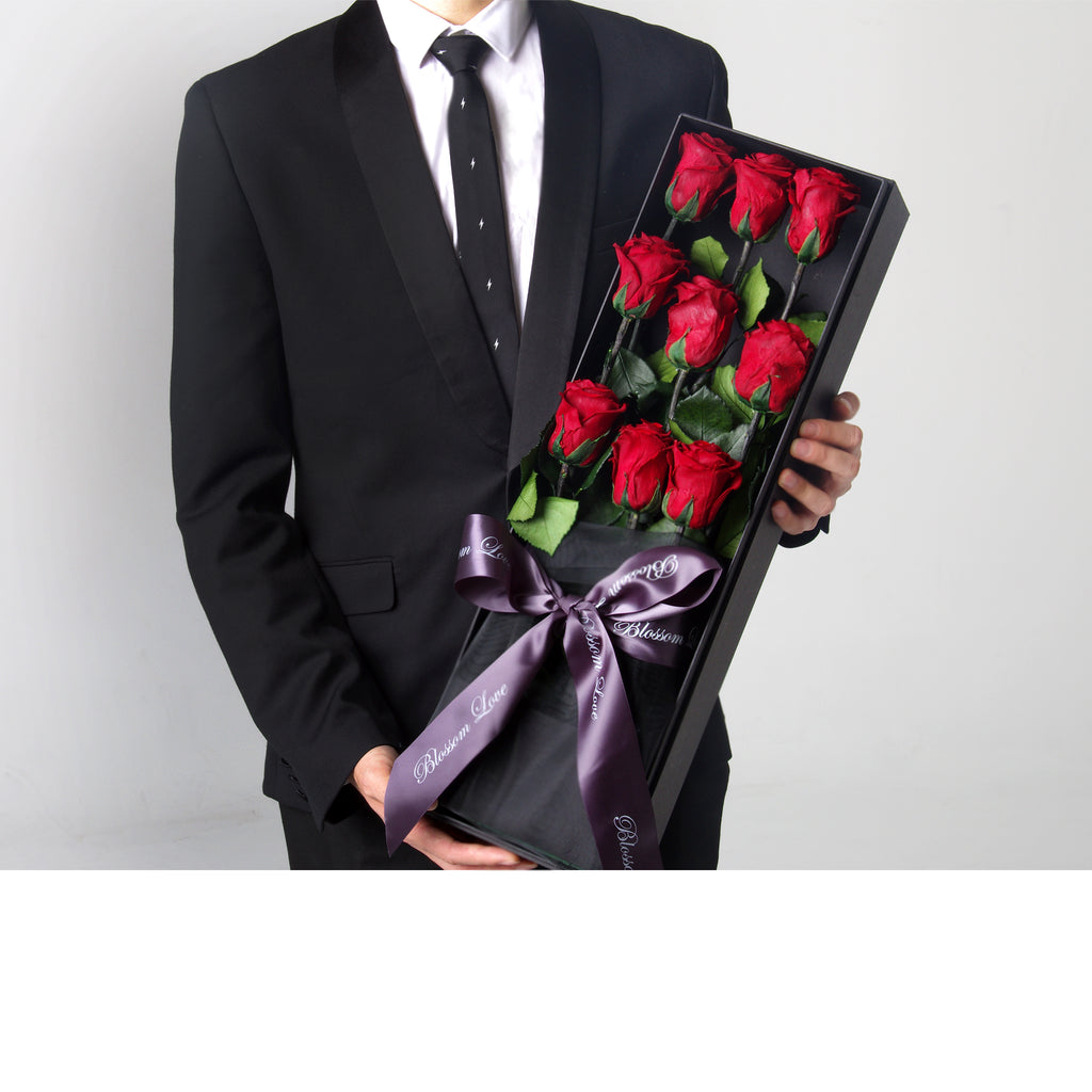 9 Long Stem Roses | Red Preserved Roses Bouquet - Blossoming Love