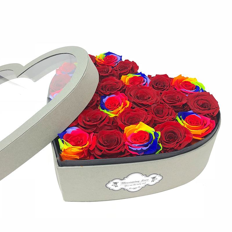 Love box | See-through heart shaped | Rainbow preserved roses - Blossoming Love