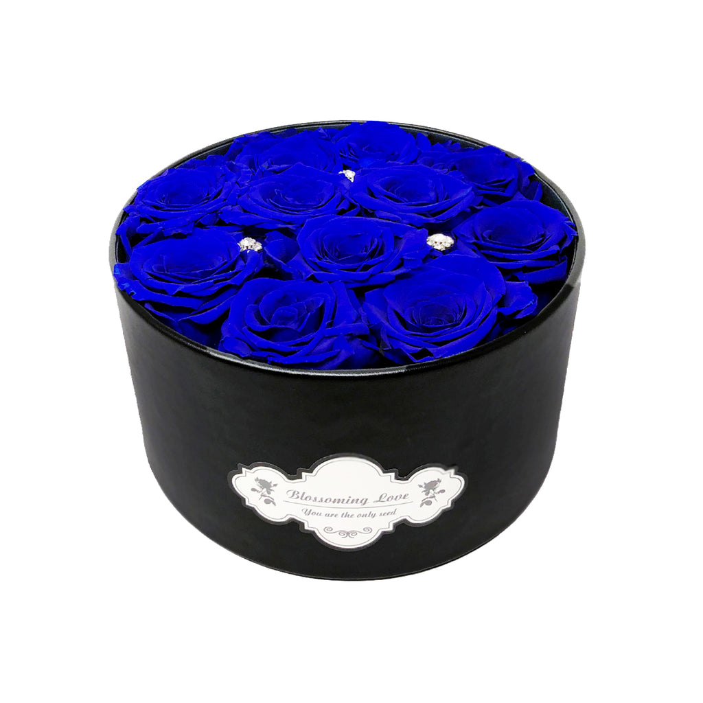 Small round leather box | Blue preserved roses - Blossoming Love