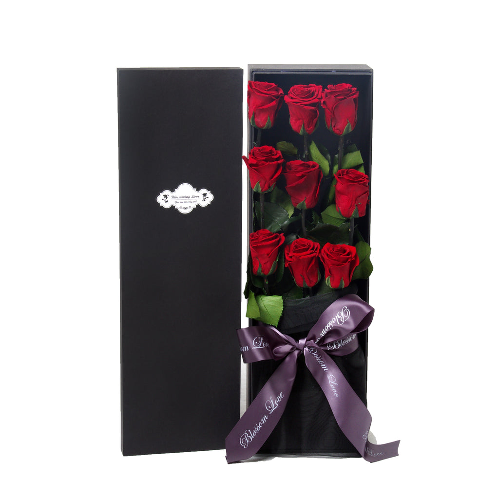 9 Long Stem Roses | Red Preserved Roses Bouquet - Blossoming Love