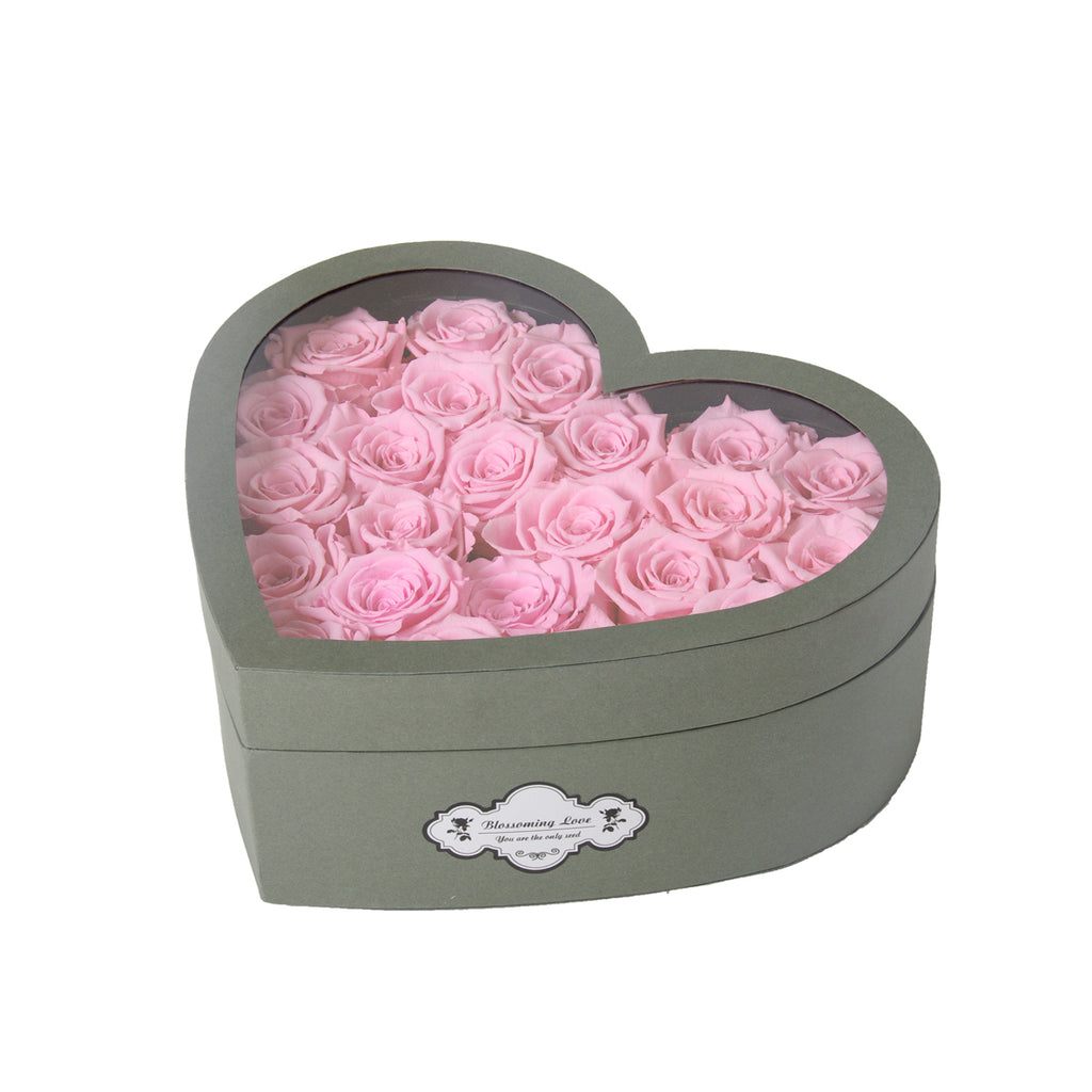 Love box | See-through heart shaped | Pink preserved roses - Blossoming Love