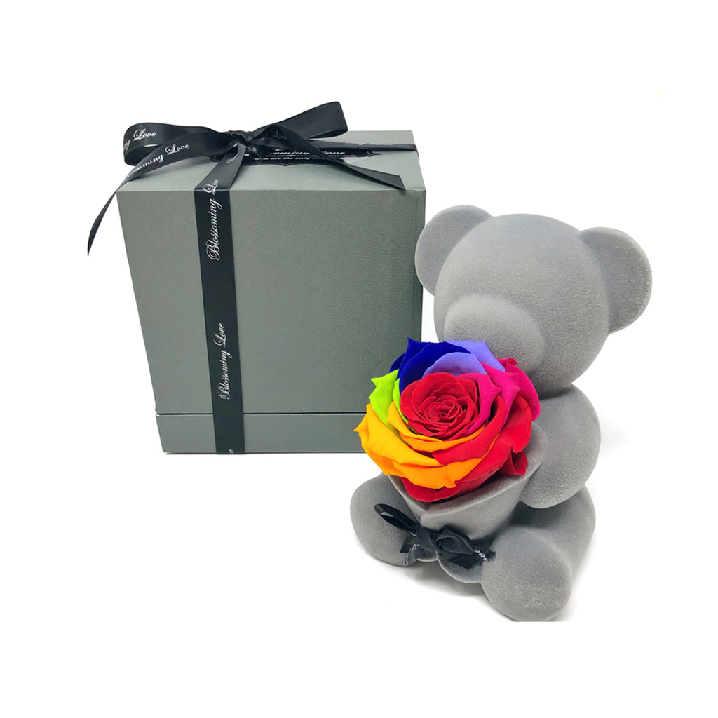 Bear Music Box | Rainbow Preserved Rose - Blossoming Love