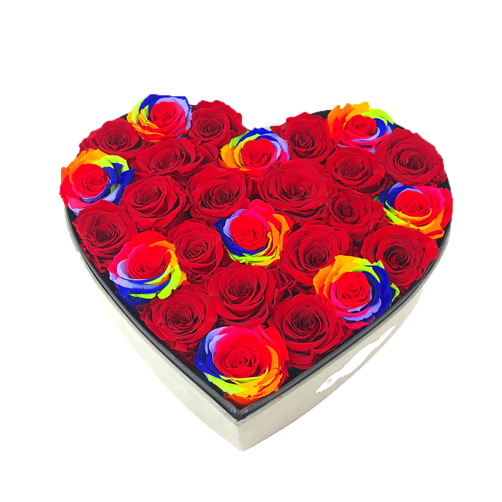 Love box | See-through heart shaped | Rainbow preserved roses - Blossoming Love