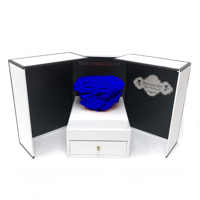 Open my heart | White box with drawer | Blue preserved rose - Blossoming Love