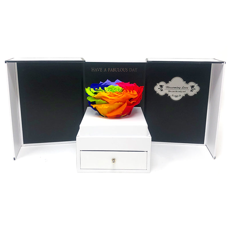 Open my heart | White with drawer | Rainbow preserved rose - Blossoming Love
