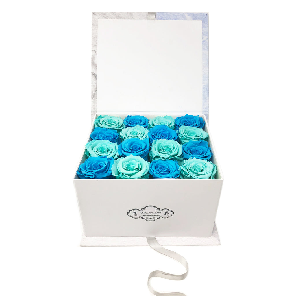 Luxury blue marble box | Light blue&green preserved roses - Blossoming Love