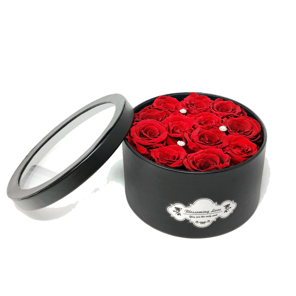 Small round leather box | Red preserved roses - Blossoming Love