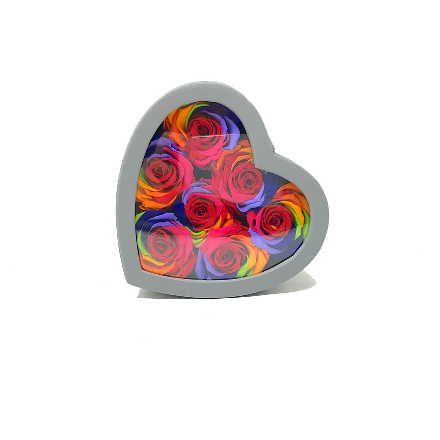 Small Love box | See-through heart shaped | Rainbow preserved roses - Blossoming Love