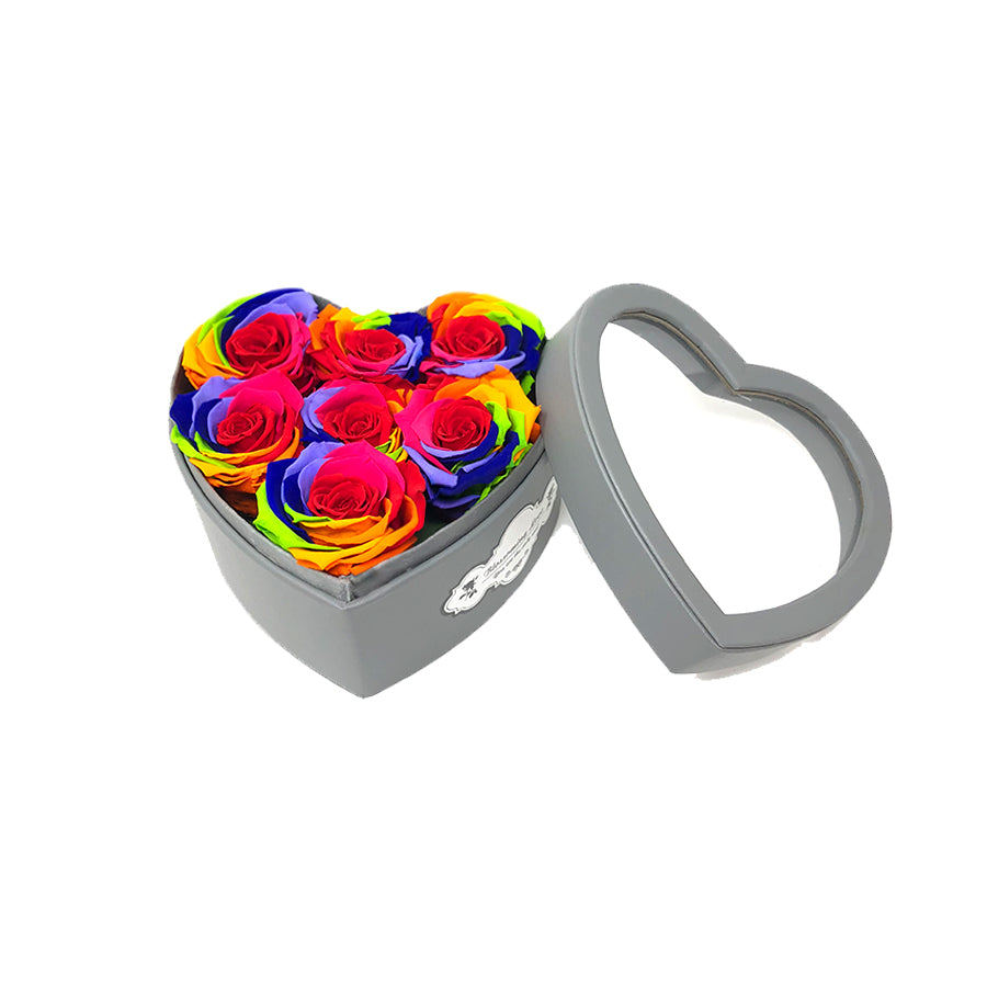 Small Love box | See-through heart shaped | Rainbow preserved roses - Blossoming Love
