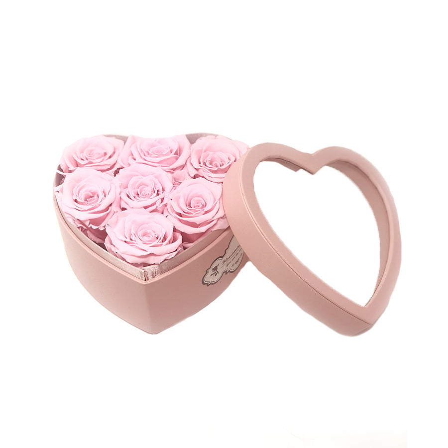 Small Love box | See-through heart shaped | Pink preserved roses - Blossoming Love