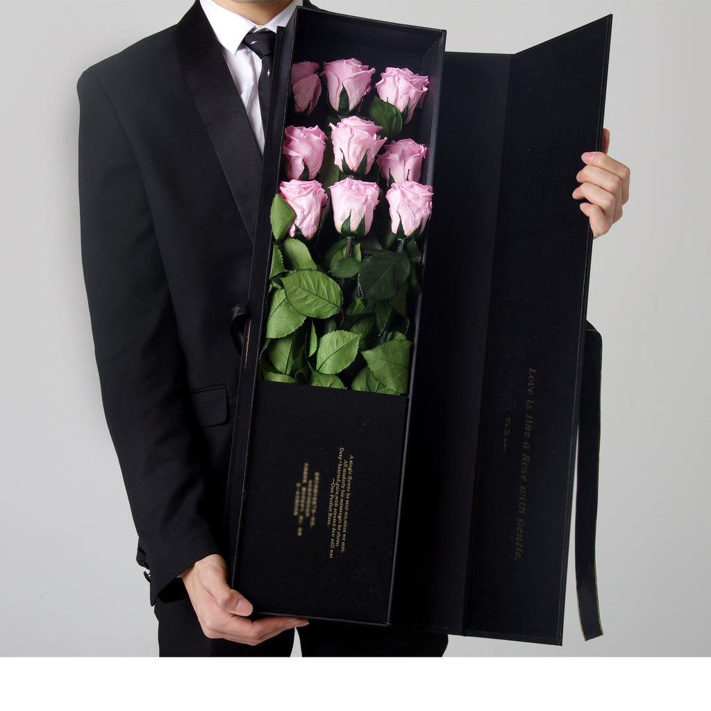 9 Long Stem Roses | Luxury Black Silk Bouquet | Pink preserved roses - Blossoming Love