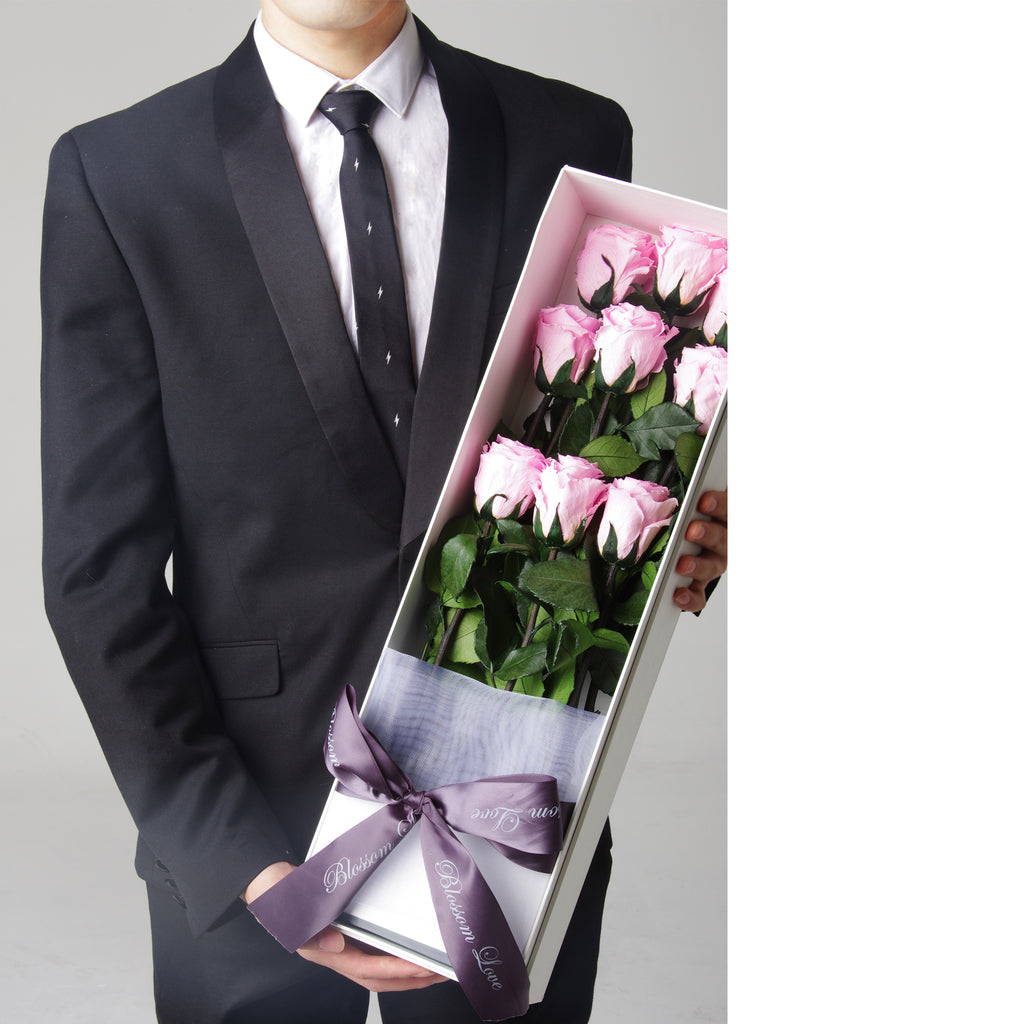 9 Long Stem Roses | Pink Preserved Roses Bouquet - Blossoming Love